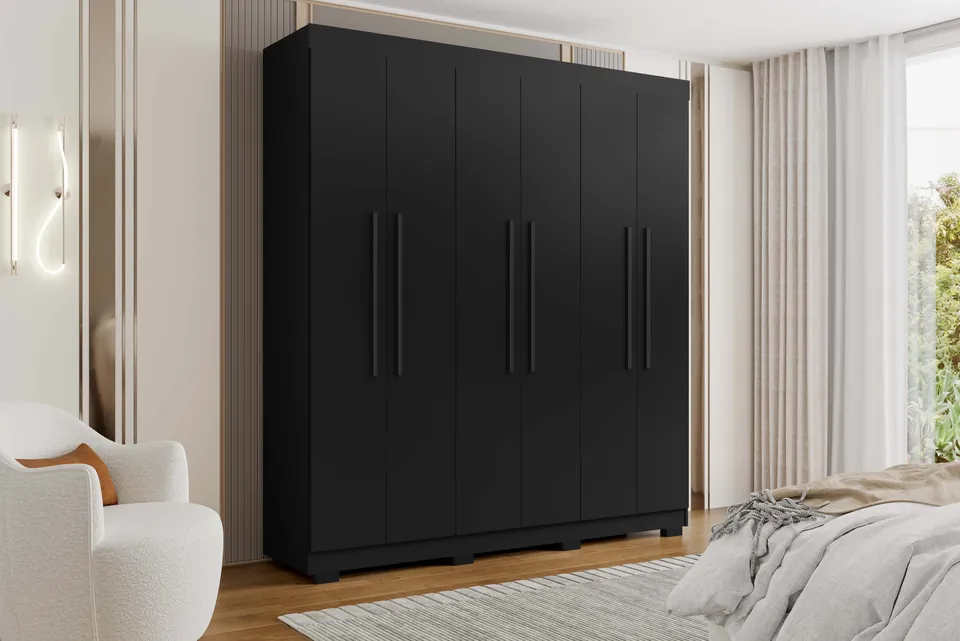 Roupeiro Porto Bello Plus em Preto, num quarto claro